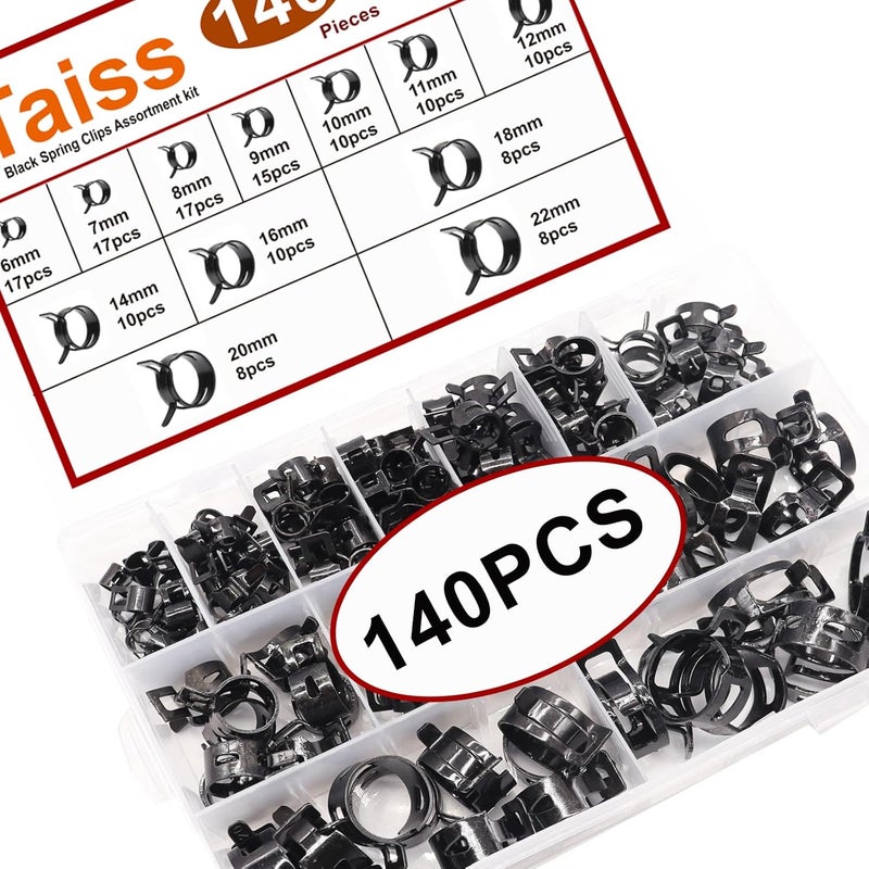 Taiss 140PCS 12 Sizes 6-22mm Black Spring Band Hose Clamp Assortment Kits.Low Pressure Air Clip Strap Clamp for Air Hose Tube Hose Fuel Silicone Vacuum Hose Clamp - Image 5